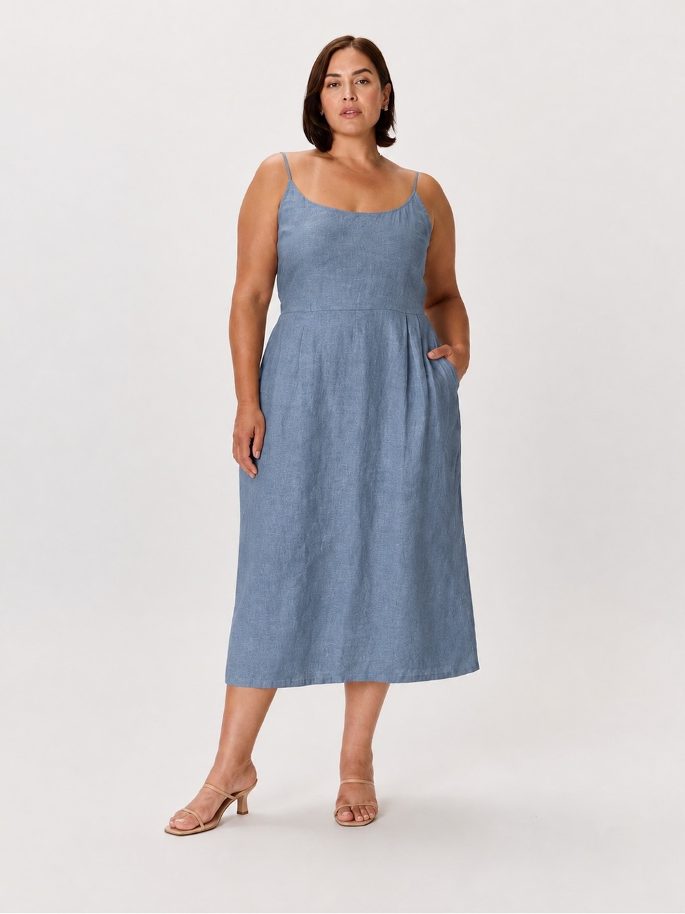 Quince Linen Scoop Neck Midi Dress Moonstone Blue Pockets Cottagecore Lagenlook
